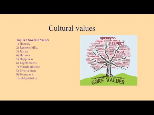 Cultural values Top Ten Swedish Values 1) Honesty 2) Responsibility