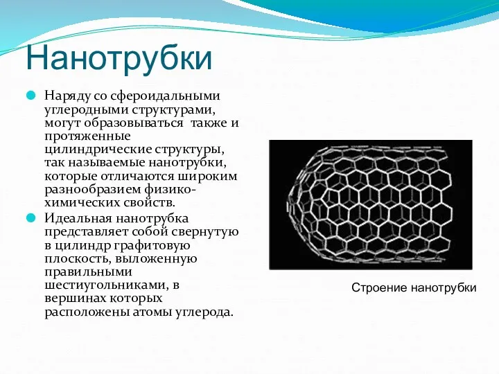 Нанотрубки Наряду со сфероидальными углеродными структурами, могут образовываться также и