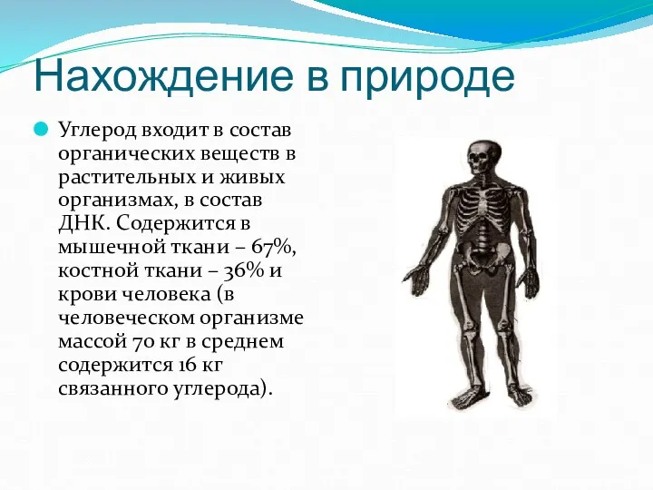 Нахождение в природе Углерод входит в состав органических веществ в