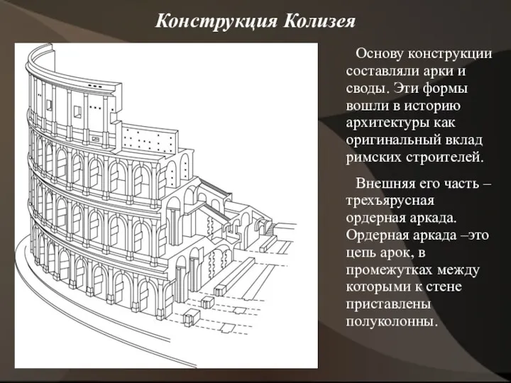 Конструкция Колизея Основу конструкции составляли арки и своды. Эти формы