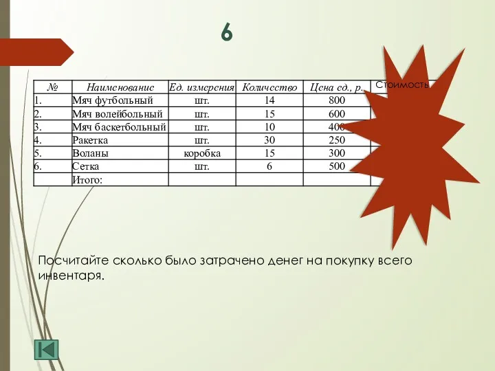 6 Стоимость Посчитайте сколько было затрачено денег на покупку всего инвентаря.