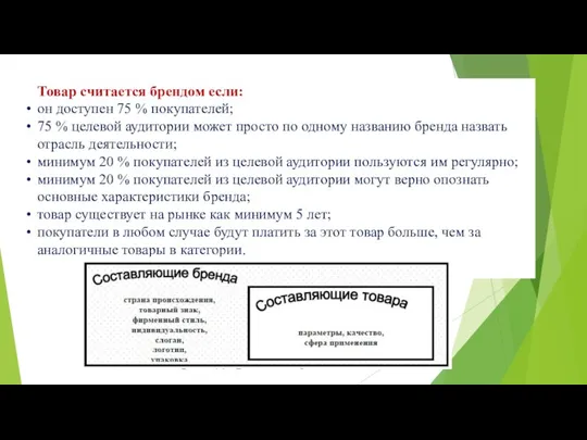 Товар считается брендом если: он доступен 75 % покупателей; 75