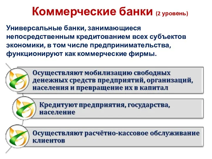 Коммерческие банки (2 уровень) Универсальные банки, занимающиеся непосредственным кредитованием всех субъектов экономики, в