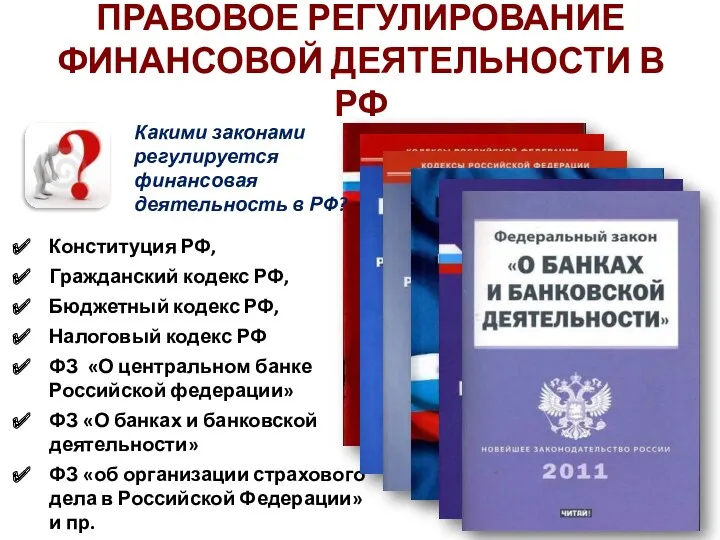 ПРАВОВОЕ РЕГУЛИРОВАНИЕ ФИНАНСОВОЙ ДЕЯТЕЛЬНОСТИ В РФ Конституция РФ, Гражданский кодекс РФ, Бюджетный кодекс