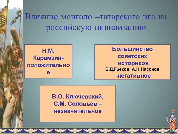 Влияние монголо –татарского ига на российскую цивилизацию Н.М. Карамзин- положительное
