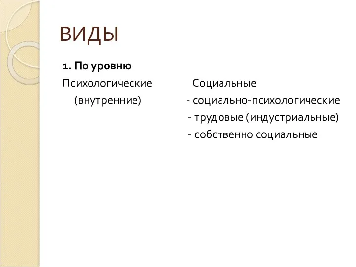 ВИДЫ 1. По уровню Психологические Социальные (внутренние) - социально-психологические - трудовые (индустриальные) - собственно социальные