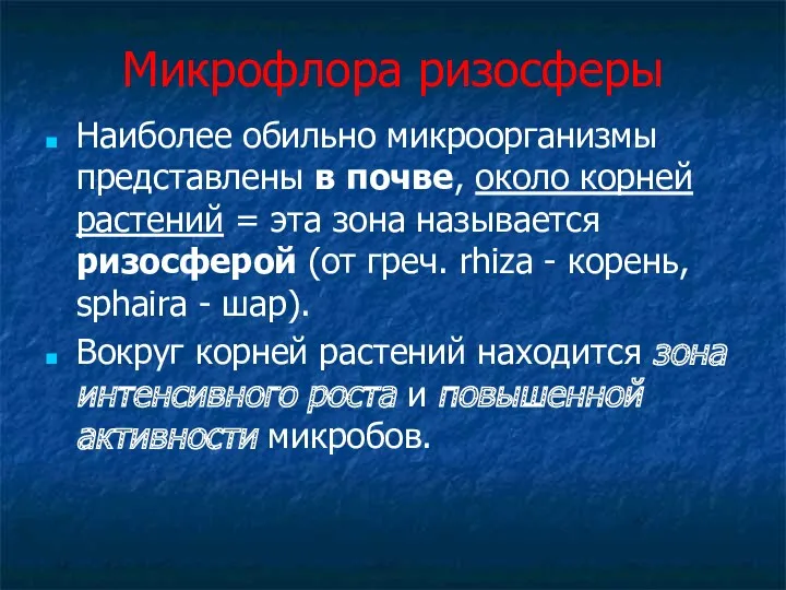 Микрофлора ризосферы Наиболее обильно микроорганизмы представлены в почве, около корней