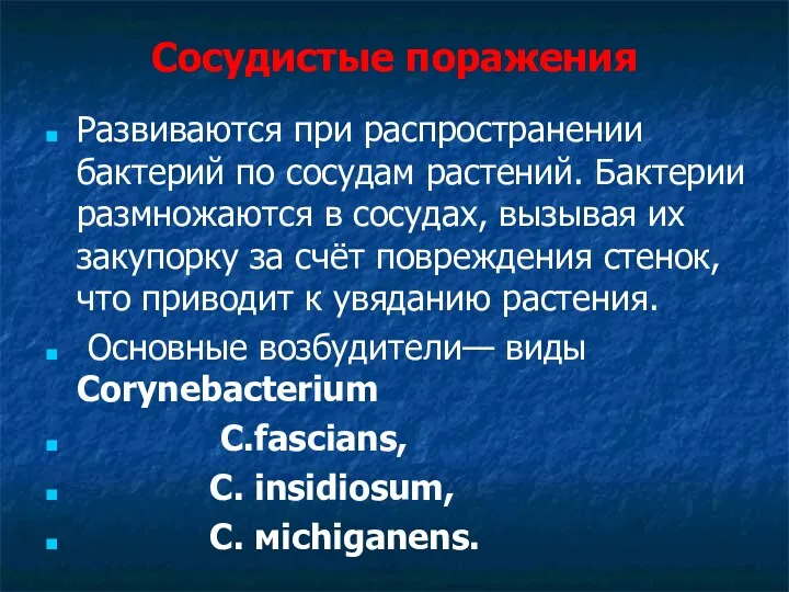 Сосудистые поражения Развиваются при распространении бактерий по сосудам растений. Бактерии