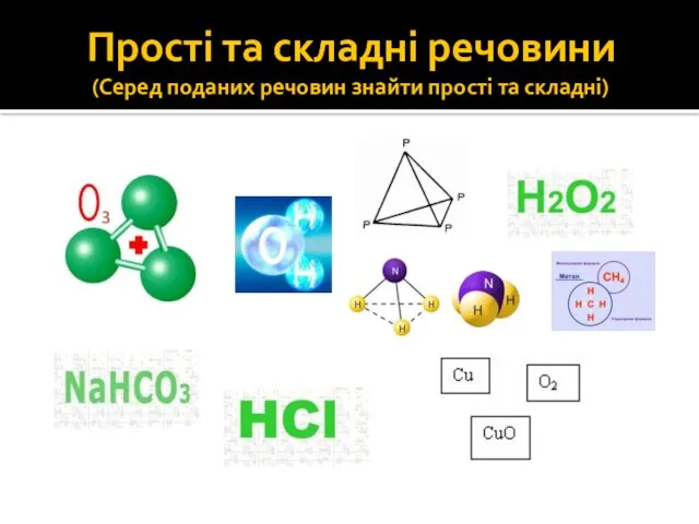 Прості та складні речовини (Серед поданих речовин знайти прості та складні)