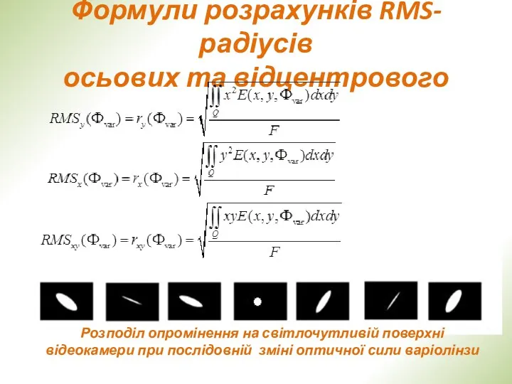 Формули розрахунків RMS-радіусів осьових та відцентрового Розподіл опромінення на світлочутливій