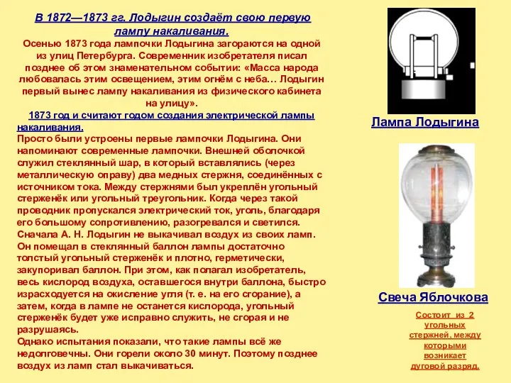 В 1872—1873 гг. Лодыгин создаёт свою первую лампу накаливания. Осенью 1873 года лампочки