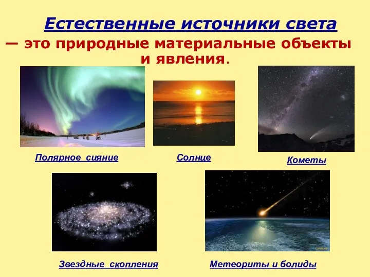 Естественные источники света — это природные материальные объекты и явления. Солнце Кометы Звездные