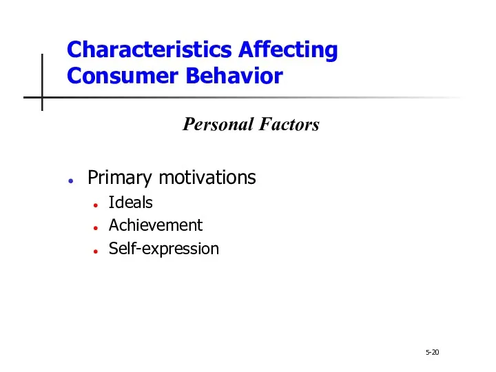 Characteristics Affecting Consumer Behavior 5-20 Personal Factors Primary motivations Ideals Achievement Self-expression