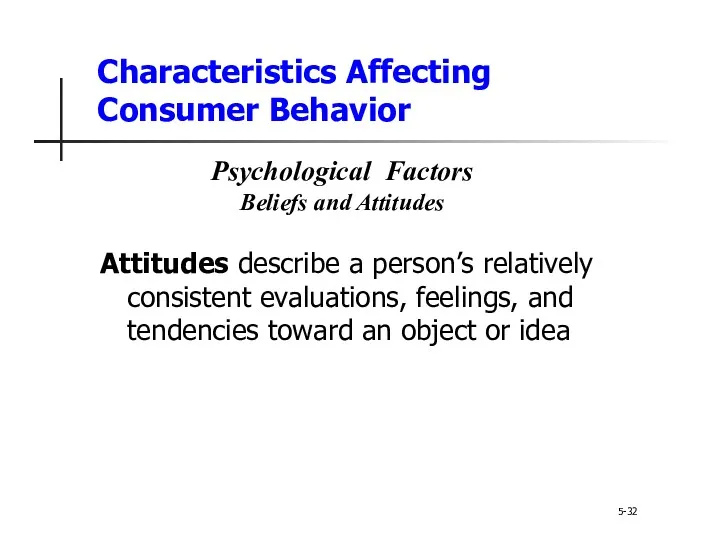 Characteristics Affecting Consumer Behavior Attitudes describe a person’s relatively consistent evaluations, feelings, and