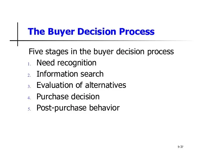 The Buyer Decision Process 5-37 Five stages in the buyer decision process Need