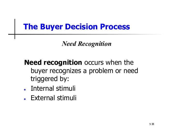 The Buyer Decision Process Need Recognition Need recognition occurs when the buyer recognizes