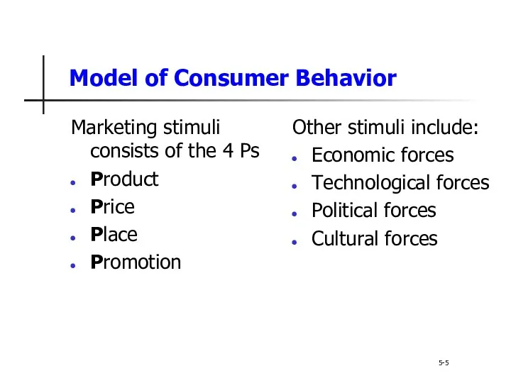 Model of Consumer Behavior 5-5 Marketing stimuli consists of the 4 Ps Product
