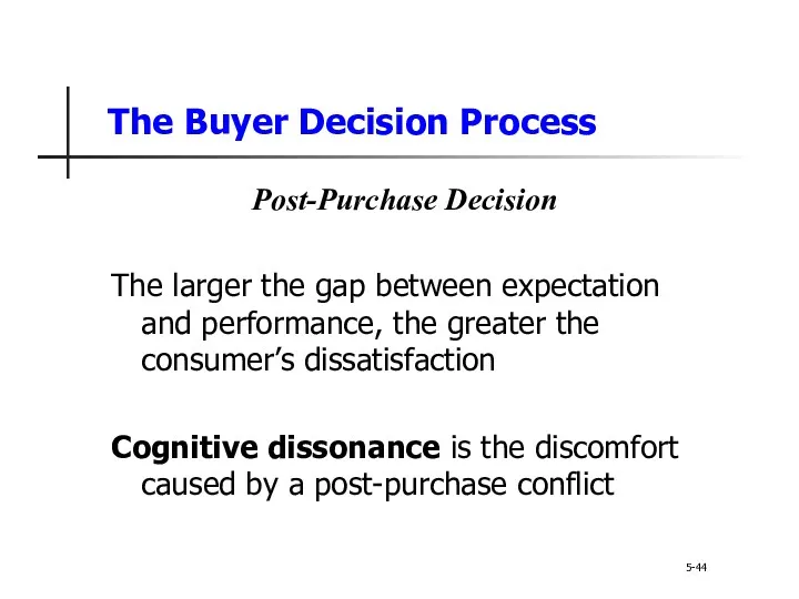 The Buyer Decision Process 5-44 Post-Purchase Decision The larger the gap between expectation