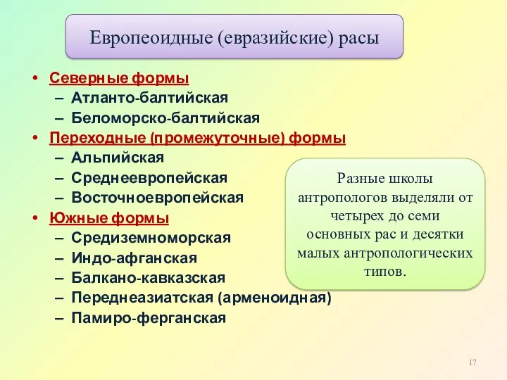 Северные формы Атланто-балтийская Беломорско-балтийская Переходные (промежуточные) формы Альпийская Среднеевропейская Восточноевропейская