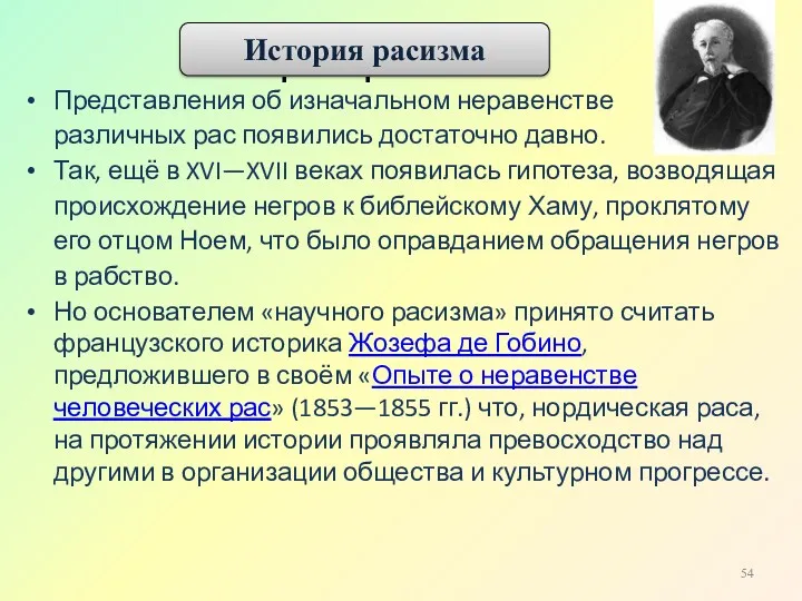 История расизма Представления об изначальном неравенстве различных рас появились достаточно