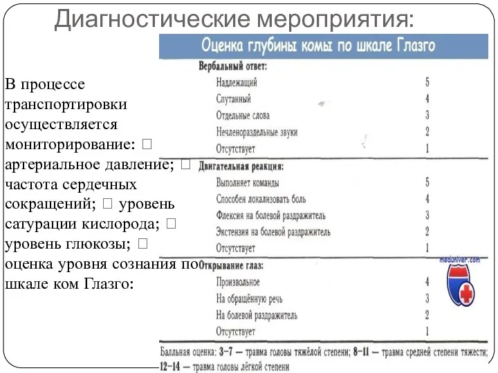 Диагностические мероприятия: В процессе транспортировки осуществляется мониторирование:  артериальное давление;