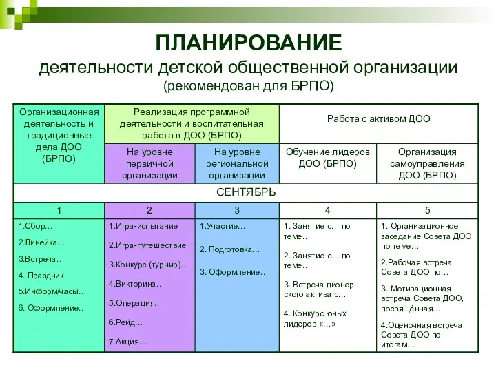 ПЛАНИРОВАНИЕ деятельности детской общественной организации (рекомендован для БРПО)