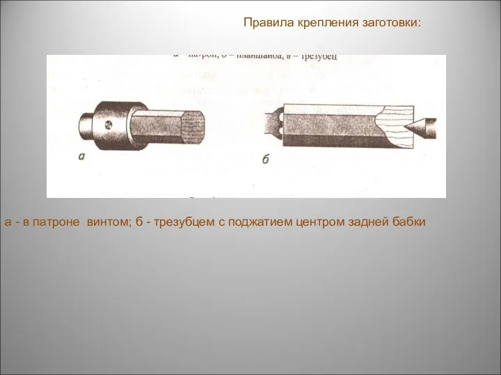 Правила крепления заготовки: а - в патроне винтом; б - трезубцем с поджатием центром задней бабки