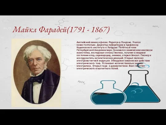 Майкл Фарадей(1791 - 1867) Английский химик и физик. Родился в