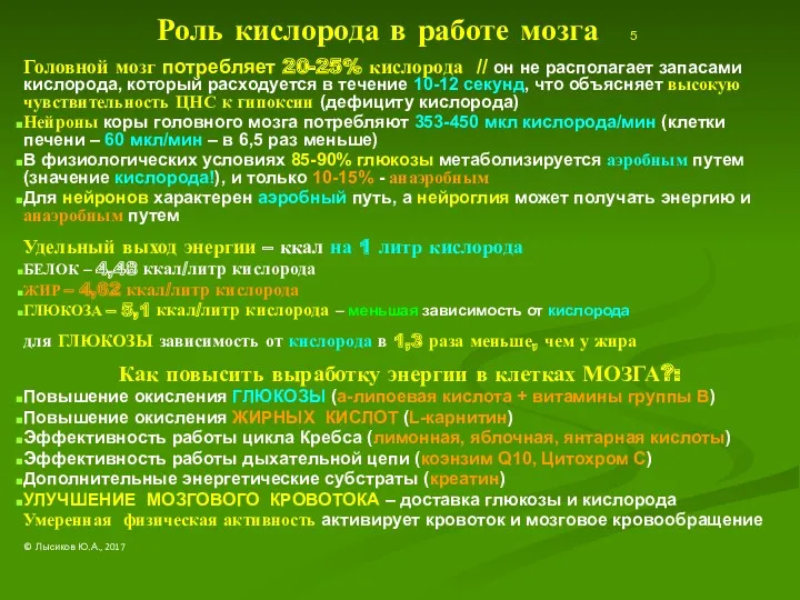 Роль кислорода в работе мозга 5 Головной мозг потребляет 20-25%