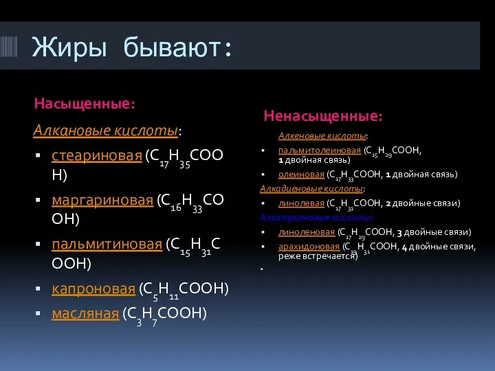 Жиры бывают: Насыщенные: Ненасыщенные: Алкановые кислоты: стеариновая (C17H35COOH) маргариновая (C16H33COOH)