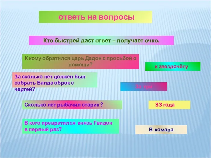 ответь на вопросы Кто быстрей даст ответ – получает очко.