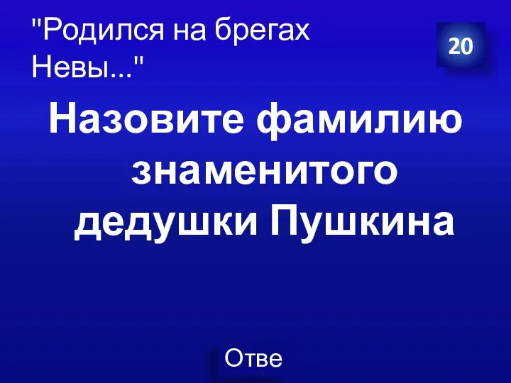 "Родился на брегах Невы..." Назовите фамилию знаменитого дедушки Пушкина 20