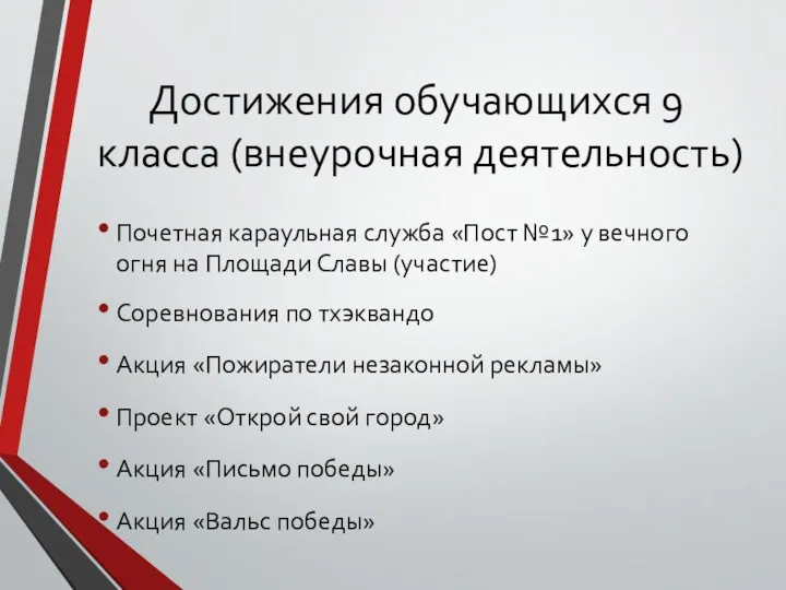 Достижения обучающихся 9 класса (внеурочная деятельность) Почетная караульная служба «Пост №1» у вечного