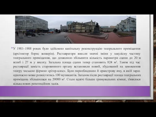 У 1983–1988 роках було здійснено капітальну реконструкцію театрального приміщення (архітектор