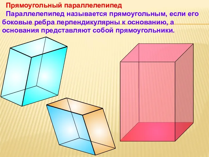 Прямоугольный параллелепипед Параллелепипед называется прямоугольным, если его боковые ребра перпендикулярны