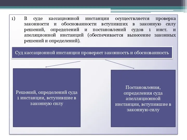 1) В суде кассационной инстанции осуществляется проверка законности и обоснованности