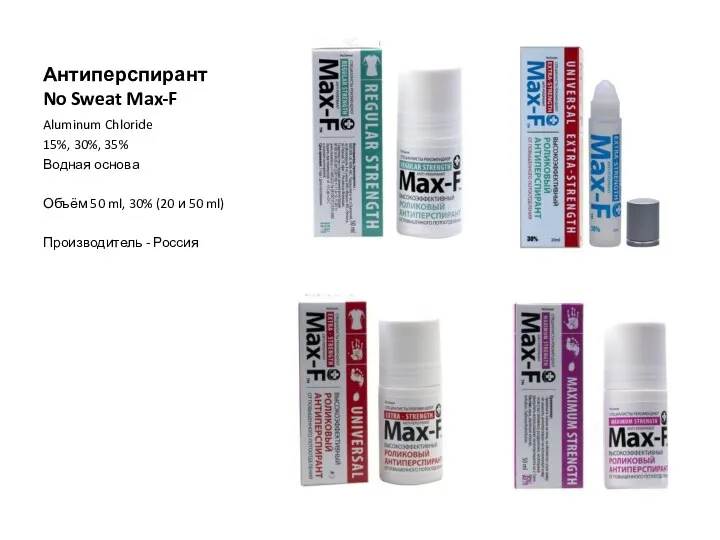 Антиперспирант No Sweat Max-F Aluminum Chloride 15%, 30%, 35% Водная основа Объём 50