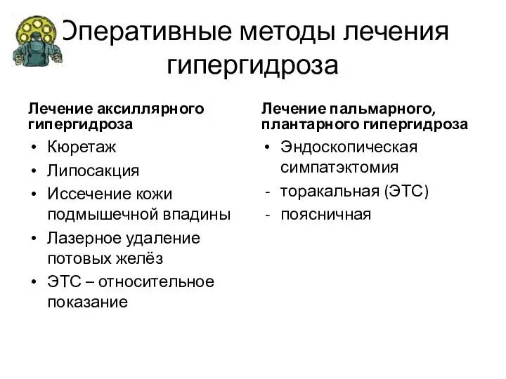 Оперативные методы лечения гипергидроза Лечение аксиллярного гипергидроза Кюретаж Липосакция Иссечение кожи подмышечной впадины