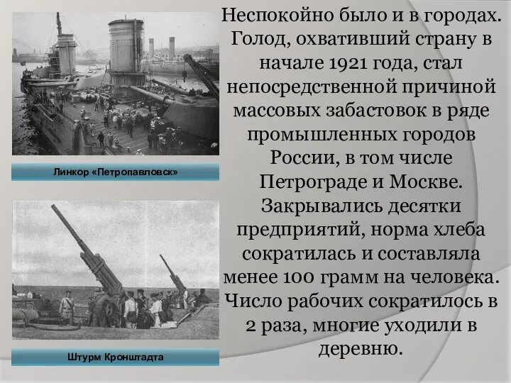 Линкор «Петропавловск» Штурм Кронштадта Неспокойно было и в городах. Голод,