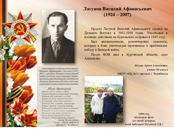 Лагунов Василий Афанасьевич (1924 – 2007) Мухин Артем Алексеевич, ученик 9б класса МБОУ