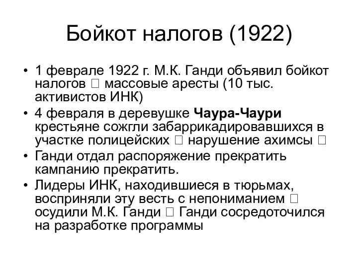 Бойкот налогов (1922) 1 феврале 1922 г. М.К. Ганди объявил бойкот налогов ?