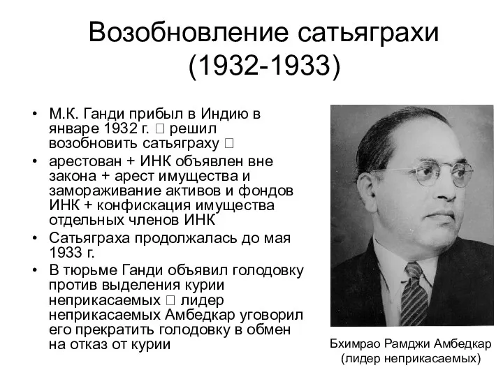 Возобновление сатьяграхи (1932-1933) М.К. Ганди прибыл в Индию в январе