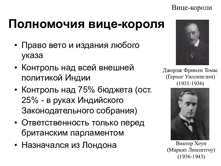 Полномочия вице-короля Право вето и издания любого указа Контроль над всей внешней политикой