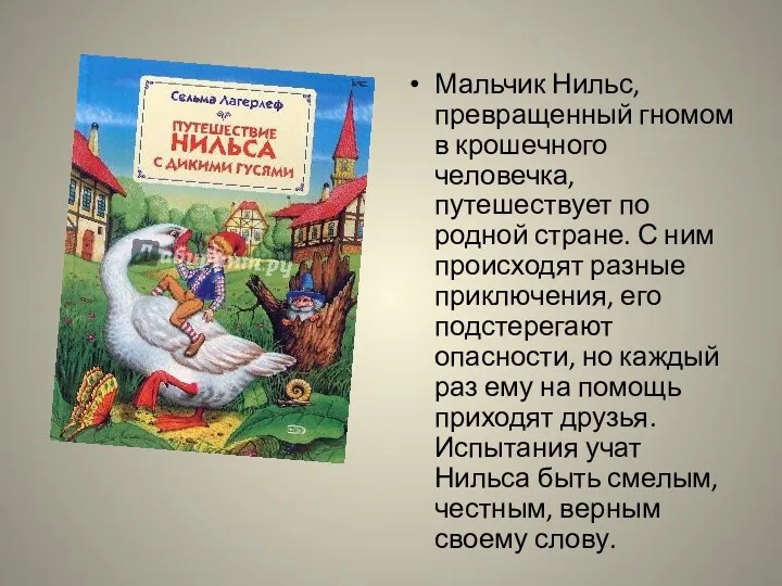 Мальчик Нильс, превращенный гномом в крошечного человечка, путешествует по родной