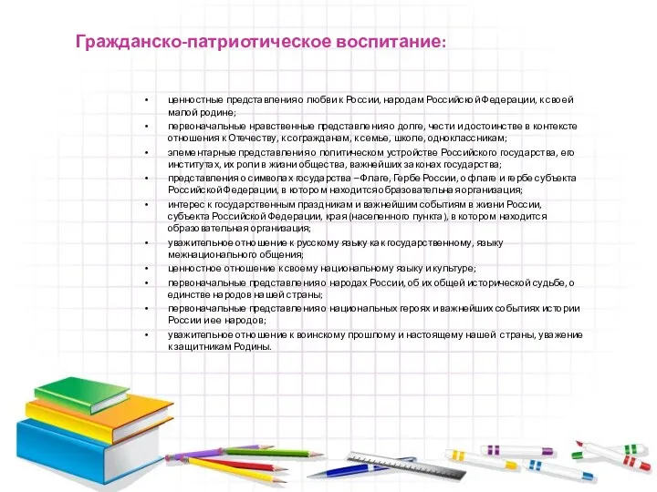 Гражданско-патриотическое воспитание: ценностные представления о любви к России, народам Российской