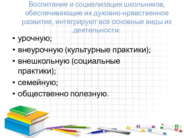 Воспитание и социализация школьников, обеспечивающие их духовно-нравственное развитие, интегрируют все