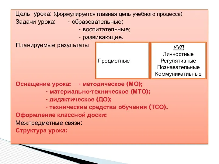 Цель урока: (формулируется главная цель учебного процесса) Задачи урока: - образовательные; - воспитательные;