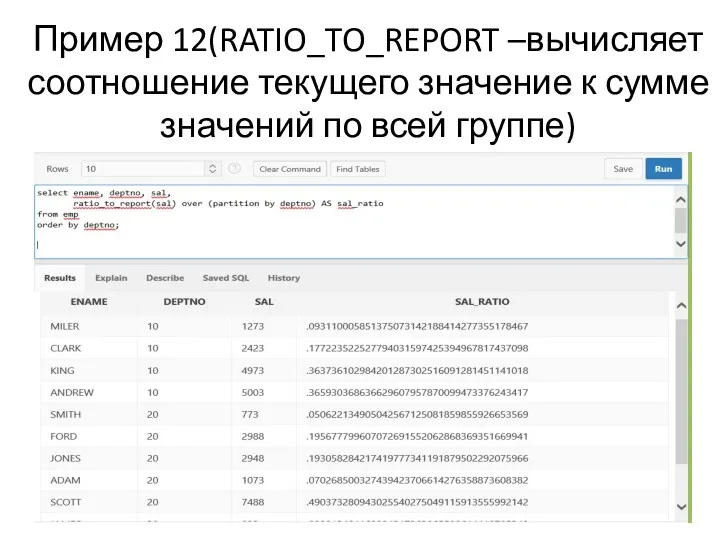 Пример 12(RATIO_TO_REPORT –вычисляет соотношение текущего значение к сумме значений по всей группе)