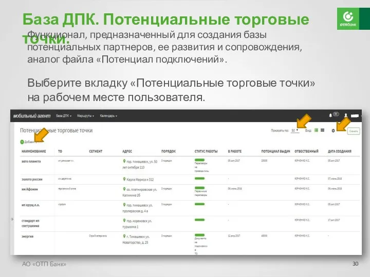 База ДПК. Потенциальные торговые точки. АО «ОТП Банк» Выберите вкладку