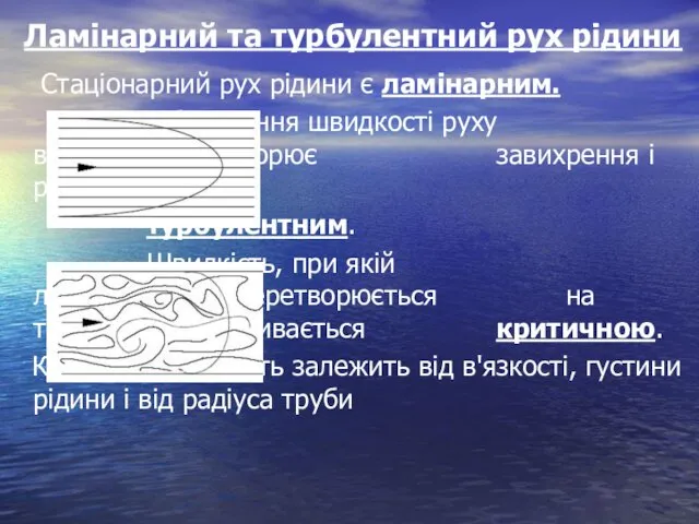 Ламінарний та турбулентний рух рідини Стаціонарний рух рідини є ламінарним.